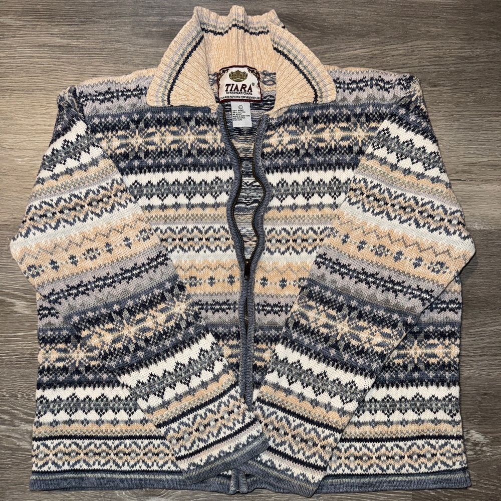 Tiara Fair Isle Zip Up Knit Sweater Jacket Nordic Alpine